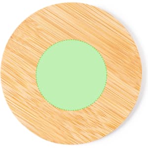 A round bamboo coaster with a light green centre, featuring stitching around the edge.