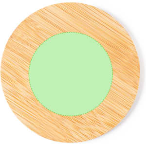 A round bamboo coaster with a green centre, featuring a natural wood finish and a stitched edge.