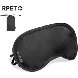 A black travel eye mask made from RPET material, accompanied by a small storage pouch.