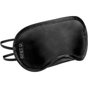 A black travel eye mask featuring a logo, designed for comfort and relaxation during travel.