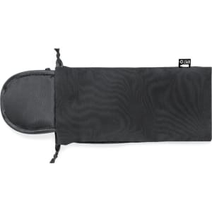 A black travel eye mask with a soft exterior and a drawstring closure, featuring a small logo.