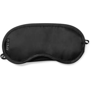 A black travel eye mask with a logo, designed for comfort and light blocking.