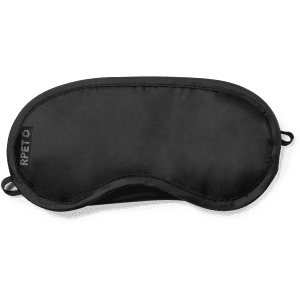 A black travel eye mask with adjustable straps and a logo, designed for comfort and light blocking.