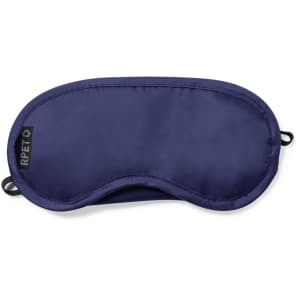 A navy blue eye mask with a smooth finish and elastic straps. It includes a logo on one side.