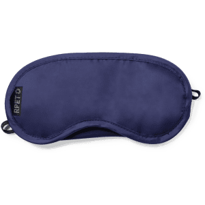 A dark blue eye mask with an adjustable strap and a logo, designed for travel and relaxation.