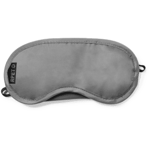 A grey travel eye mask featuring a logo and a soft, contoured design for comfort.