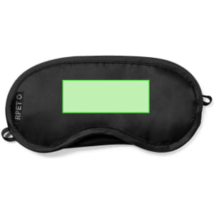 A black travel eye mask featuring a green panel and an attached logo.