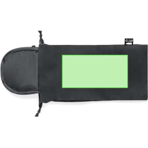 A black travel eye mask with a protective cover and a branding logo, featuring a green area for customisation.