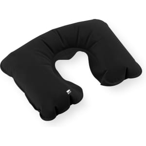 A black U-shaped pillow with rounded edges and a smooth surface, featuring a logo on one side.