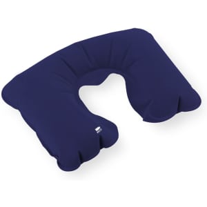 A navy blue Vildex Pillow with a unique shape and a logo, designed for comfort and support.