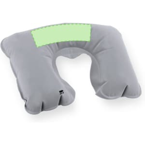 A grey travel pillow with a U-shaped design and a blank area for branding or customisation.