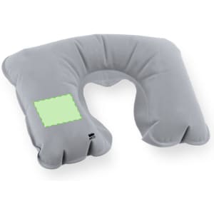 A grey neck pillow with a curved design, featuring a branded logo and a blank square area.