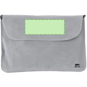 A grey promotional Vildex Pillow with a flap closure and a logo at the bottom.