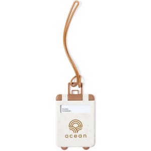A cream luggage tag featuring a logo, a brown strap, and a space for personal identification details.