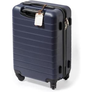 A navy suitcase with a luggage tag attached, featuring wheels and a handle for easy transport.