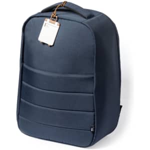 A dark blue luggage tag attached to a sleek, padded backpack featuring a subtle logo.