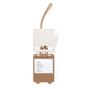 A luggage tag in cream and brown with space for personal details and a loop for attachment. Features a logo.