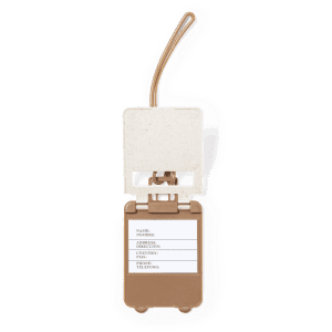 A brown Cliffer luggage tag with a beige top, featuring a clear window for personal information and a hanging loop.