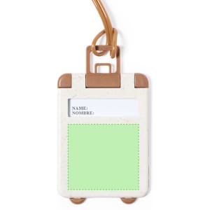 A luggage tag in white with brown accents and a green blank area for personal information. It features a loop for attachment.