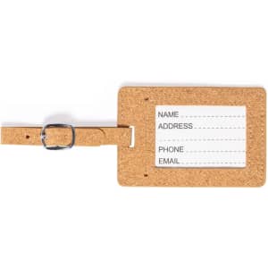 A cork luggage tag featuring a slot for personal details and a metal buckle strap. The design includes a branding logo.