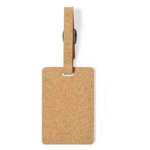 A cork luggage tag in a rectangular shape with a black attachment clip.