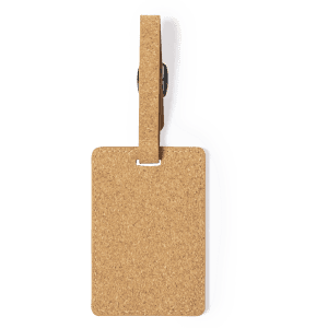 A cork luggage tag with a metal clasp for attachment. Simple and natural in appearance.