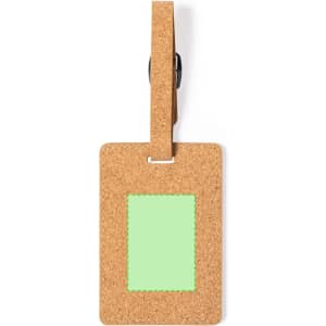 A cork luggage tag with a green accent and a clip for attachment. It features a logo on the design.
