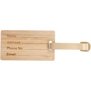 A rectangular bamboo luggage tag with a beige strap, featuring engraved fields for personal information.