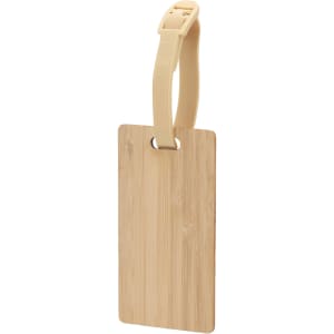 A bamboo luggage tag with a beige strap, featuring a logo on the surface.