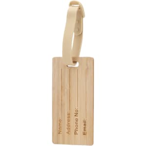 A rectangular bamboo luggage tag with a light tan strap, featuring blank fields for name, address, phone number, and email.