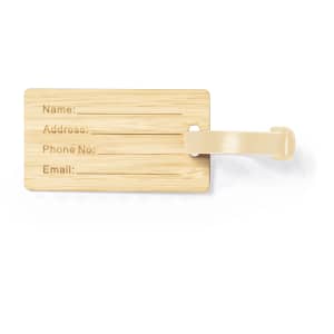 A bamboo luggage tag with a beige strap featuring spaces for personal information. It has a simple, natural design.