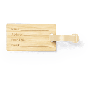 A bamboo luggage tag featuring spaces for name, address, phone number, and email, with a cream-coloured strap.