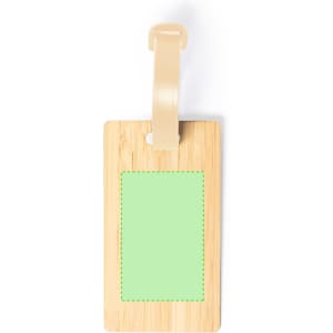 A bamboo luggage tag with a green blank area and a beige attachment strap. Features branding on the tag.