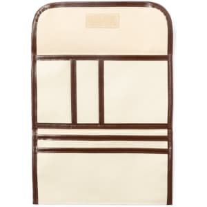 A travel document holder featuring a cream and brown design with multiple pockets for organisation. It includes a logo.
