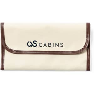 A cream and brown travel document holder featuring a logo, designed for organisation while travelling.