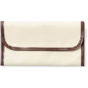 A cream travel document holder with brown accents, featuring a sleek design and a logo.