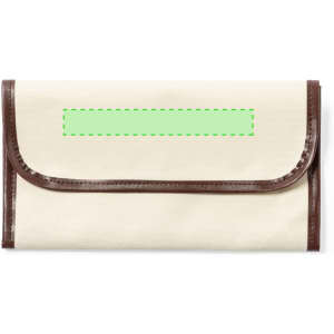 A cream and brown travel document holder with a flap closure and a decorative green outline. It features a logo.
