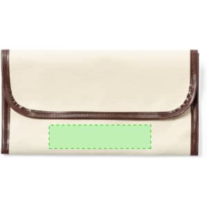 A beige travel document holder with a brown trim and an area for personalisation. It features a logo.