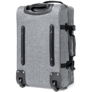A grey wheeled bag with a textured surface, featuring a handle and multiple straps for secure fastening.