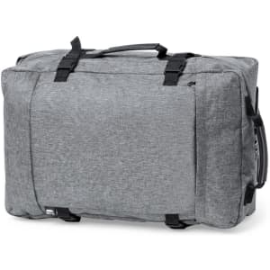 A grey wheeled bag with multiple handles and a logo, featuring a spacious design and sturdy construction.