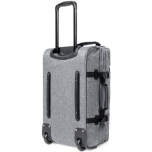 A wheeled grey trolley bag with a retractable handle and side straps, featuring a sleek and modern design.
