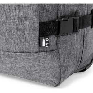 A grey wheeled bag features a secure buckle and a small logo, showcasing a textured fabric design.