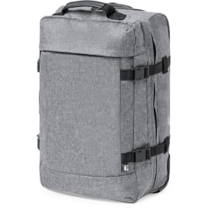 A grey wheeled bag with a structured design, featuring side straps and a handle on top. It has a logo.