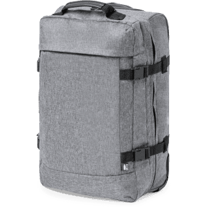 A grey wheeled bag with straps and handles, featuring a minimalist design and a logo.