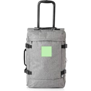 A grey wheeled bag with a retractable handle and adjustable straps, featuring a blank logo area.