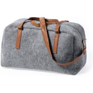 A grey felt bag with brown leather handles and strap, featuring a simple design and a logo.