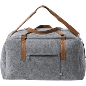 A large grey felt bag with brown leather handles and a front zip pocket, featuring a logo.