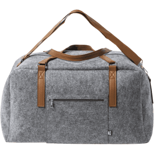 A grey felt bag with brown leather straps and a front zip pocket, featuring a logo on the side.