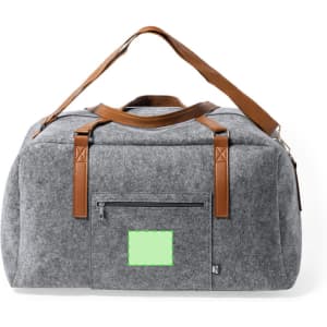 A grey felt duffle bag with brown leather handles and a zipper pocket, featuring a logo on the front.