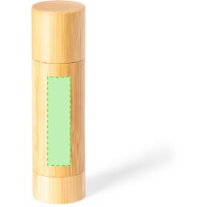 A cylindrical lip balm container in a bamboo finish, featuring a Green label area for branding.